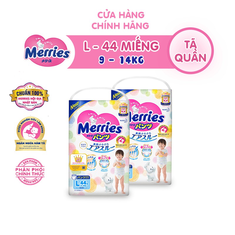 Combo 2 Tã quần Merries size L 44 miếng (Cho bé 9 14kg)