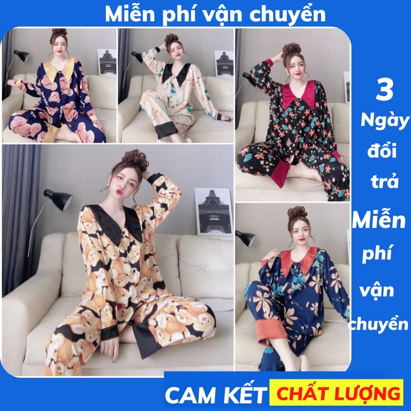 Đồ ngủ Bigsize 55-100kg TD03 dài tay chất lụa hàn phối satin