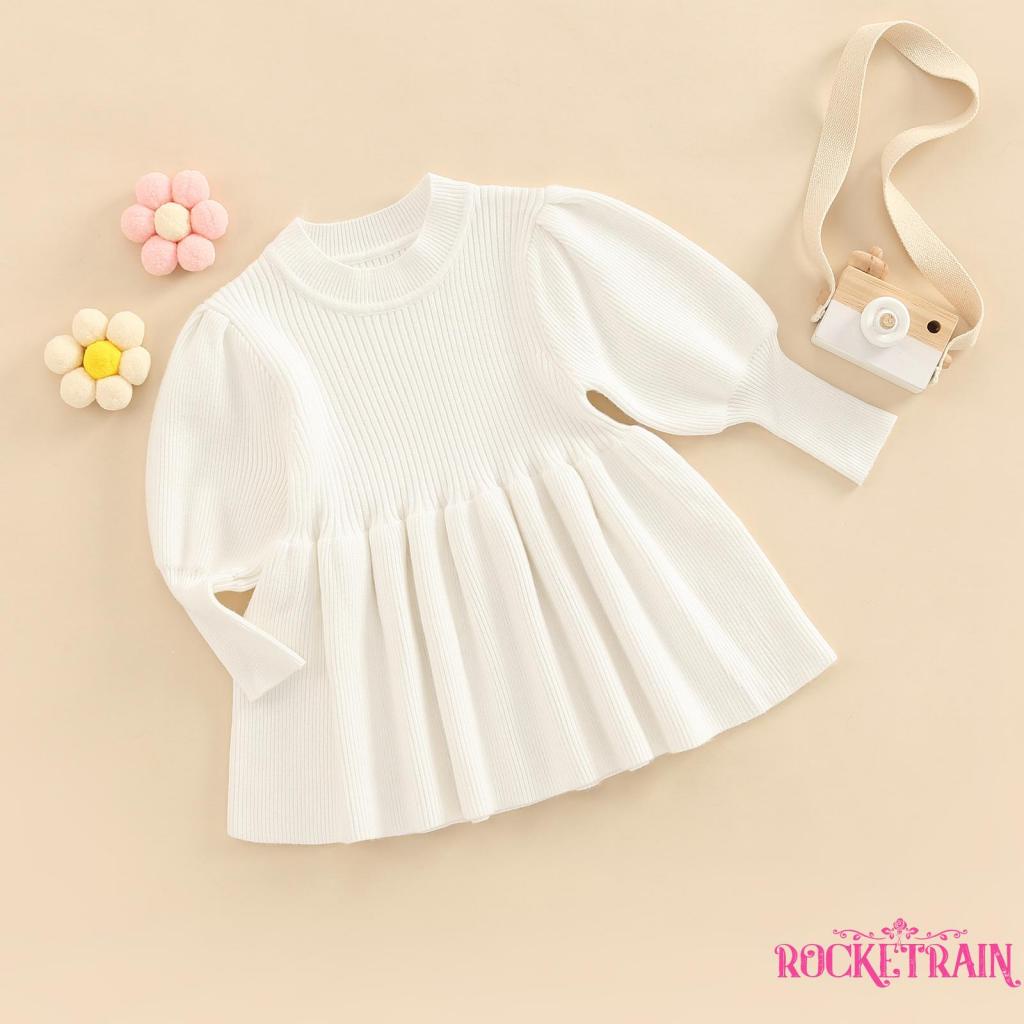 Đầm Len Dài Tay Cổ Tròn Màu Sắc Đơn Giản Cho Bé Gái