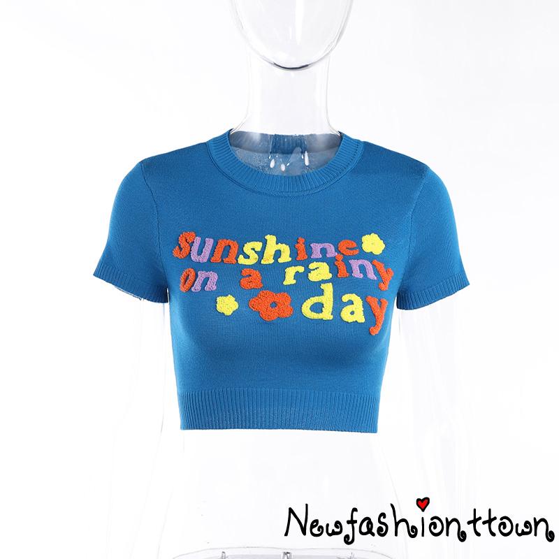 NFashion-Female T-Shirt, Letter Flower Patterns Crew Neck Short Sleeve Knitted Crop Tops Summer Outfit, S/M/L