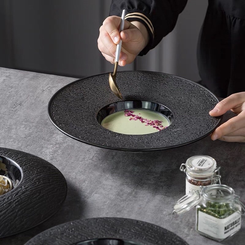 Đĩa gốm sứ Trang Trí, Đĩa Decor Ăn Đồ Âu, Beef Steak, Salad Chất Lượng Cao đen nhám lòng đen