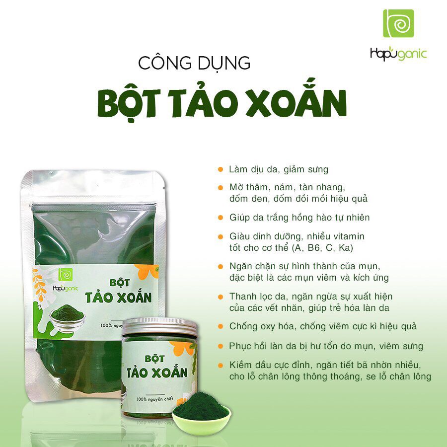 Hũ Bột Tảo Xoắn Spirulina nguyên chất 100% Hapu Organic Mặt Nạ Bột Thiên Nhiên Dưỡng Trắng Da Mờ Thâm