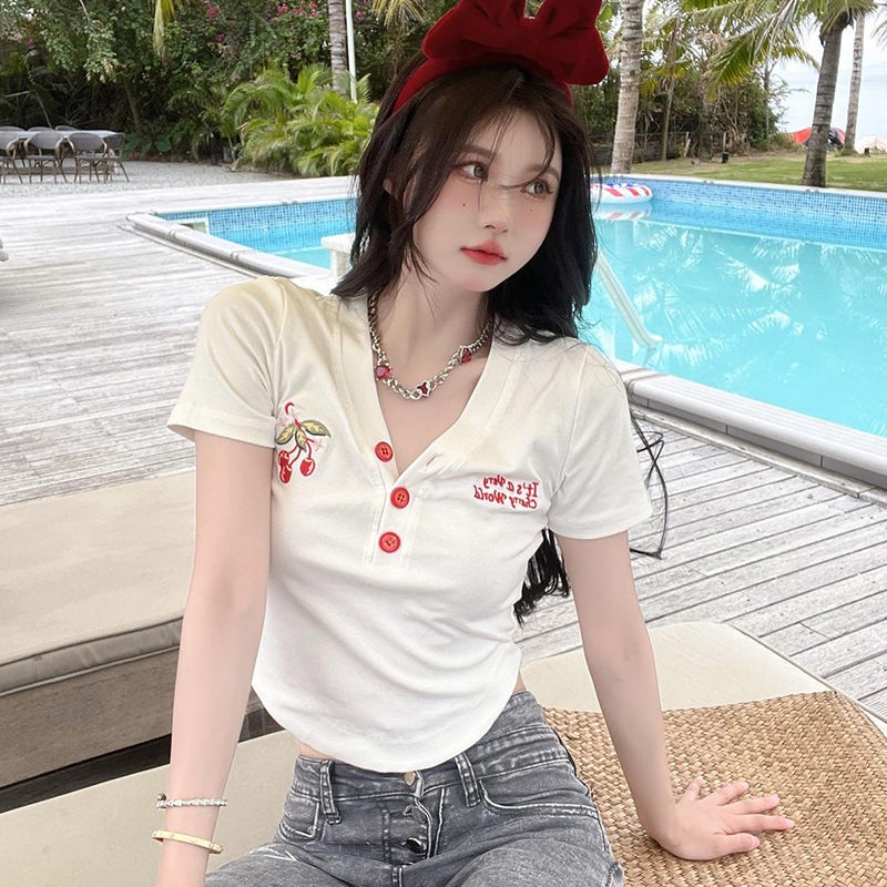 COZOK Áo Thun Tay Ngắn Dáng Ôm Thêu Hình Quả Cherry Dễ Thương