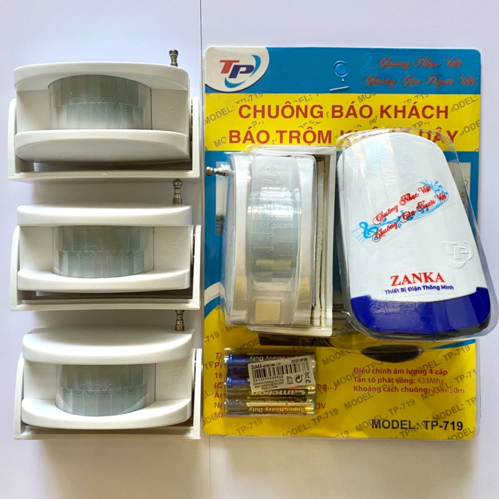 Bộ 4 Mắt 1 Chuông báo khách [Trắng]TP-719-II kết hợp báo trộm cảm ứng hồng ngoại chuyển động [TẶNG KÈM PIN]