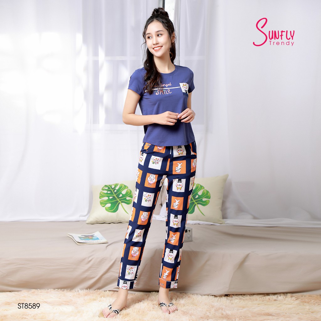 Đồ bộ mặc nhà cotton - lụa SUNFLY Xuân Hè áo cộc quần dài ST8589