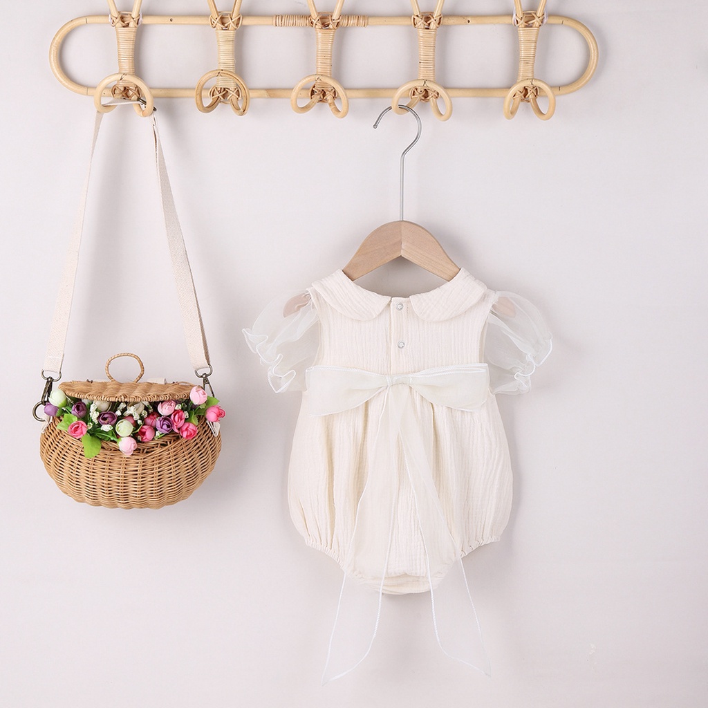 Baby Clothes Summer Clothes Korean Female Baby Princess Puff Sleeve Bow Triangle Bag Fart Clothes Short-sleeved Outing Clothes