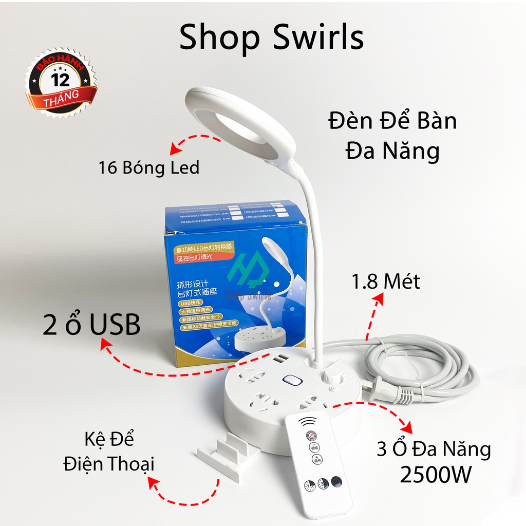 Đèn LED Để Bàn Đa Năng Kiêm Đèn Ngủ Sạc USB 5V Và 3 Ổ Điện Chịu Tải 2500W Có Điều Khiển Từ Xa Dây Nối Dài 1.8M