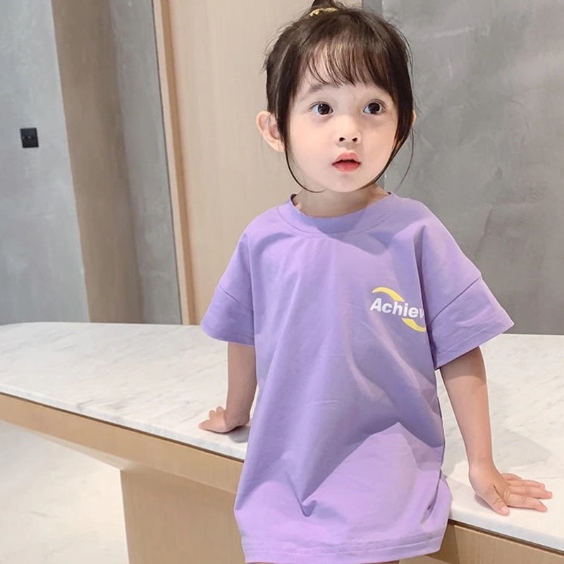 Áo đầm cotton IELGY dành cho bé gái thiết kế tay ngắn in chữ phù hợp nhiều phong cách