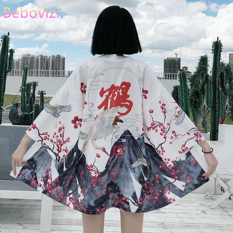 Áo Khoác Kimono Họa Tiết Chim Hạc Thời Trang Cho Nữ