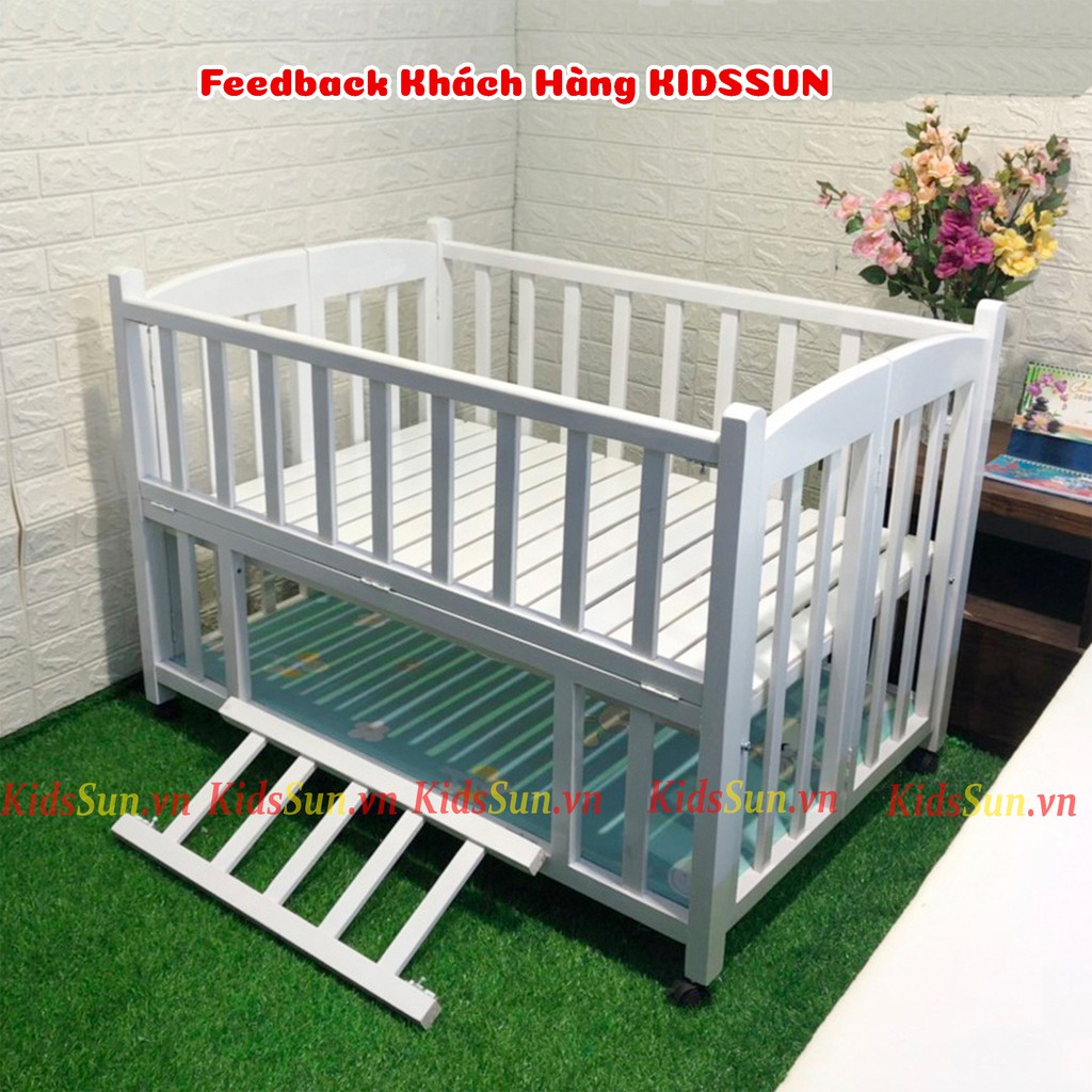 Nôi Cũi 2 Tầng Gỗ Quế Màu Trắng KIDSSUN Kích Thước (120x80x96cm) Bảo Hành 6 Tháng Hàng Xuất Khẩu Tặng Kèm Bánh Xe