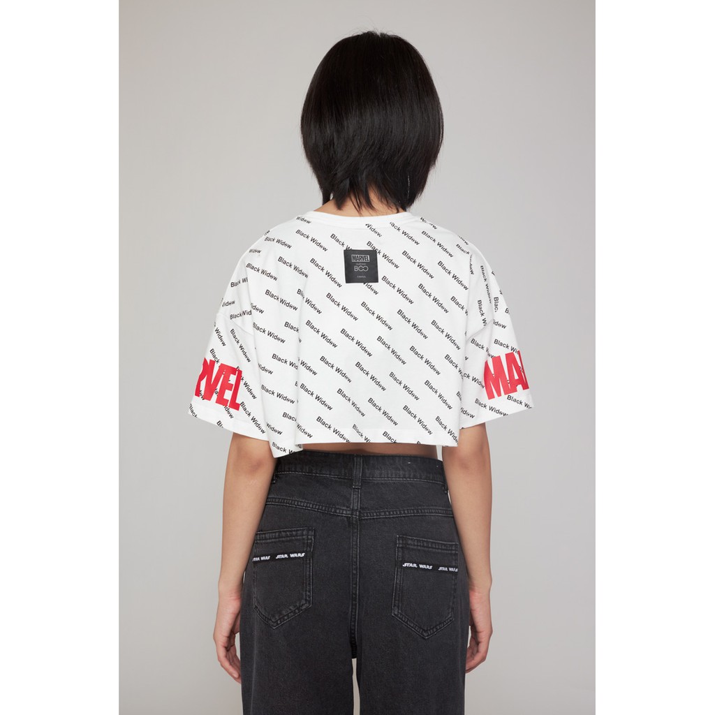 Áo Thun Nữ BOO Dáng Croptop Cao Cấp Cá Tính Kèm Bra In Tràn Hoạ Logo Marvel Nổi Bật