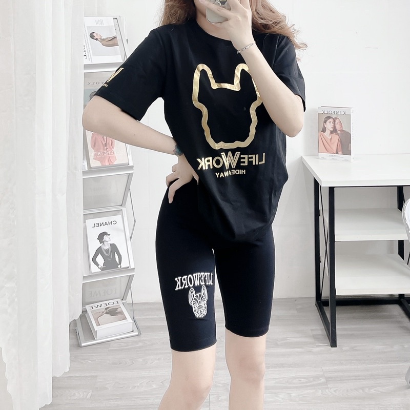 Quần leggin short Cycle Monogram đen logo in trắng hàng chuẩn
