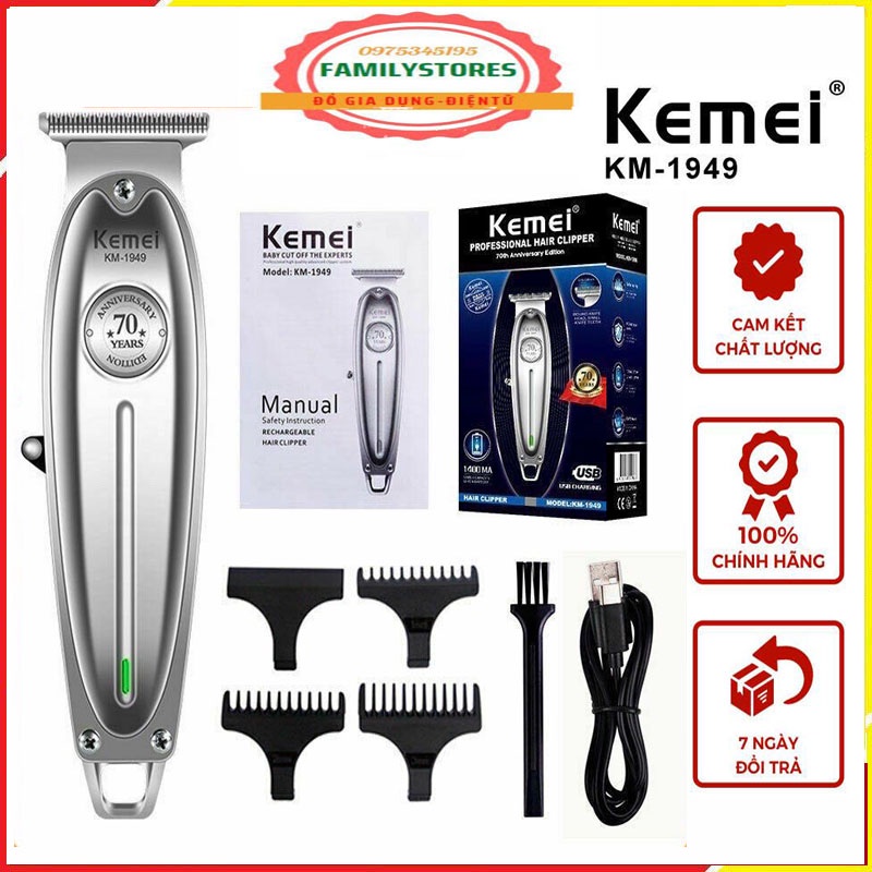 Tông đơ cắt tóc bấm viền cao cấp kemei 1949 sang trọng tinh tế công suất 5w vỏ hợp kim nguyên khối pin trâu lưỡi cắt sắc