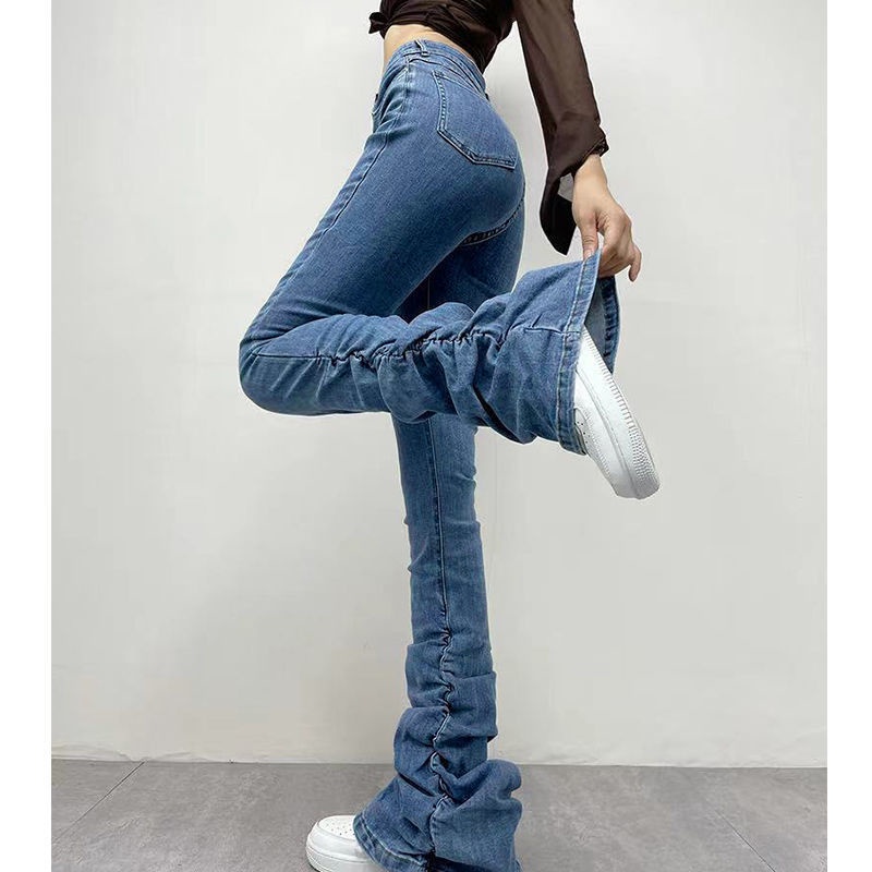 European and American Millennium hot girls pleated pile pants leg slimming horn jeans autumn high waist denim mop pants Youy