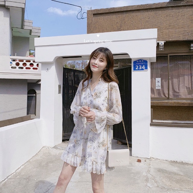 [ẢNH THẬT+VIDEO] Váy Hoa Nhí Vintage Tay Dài Chun Eo Ullzzang | BigBuy360 - bigbuy360.vn