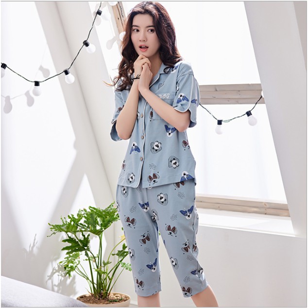 Bộ Ngủ Pijama quần lửng áo ngắn tay mặc ở nhà Set trang phục kate thái cộc dài hoạt hình cute dễ thương bánh bèo nữ | BigBuy360 - bigbuy360.vn