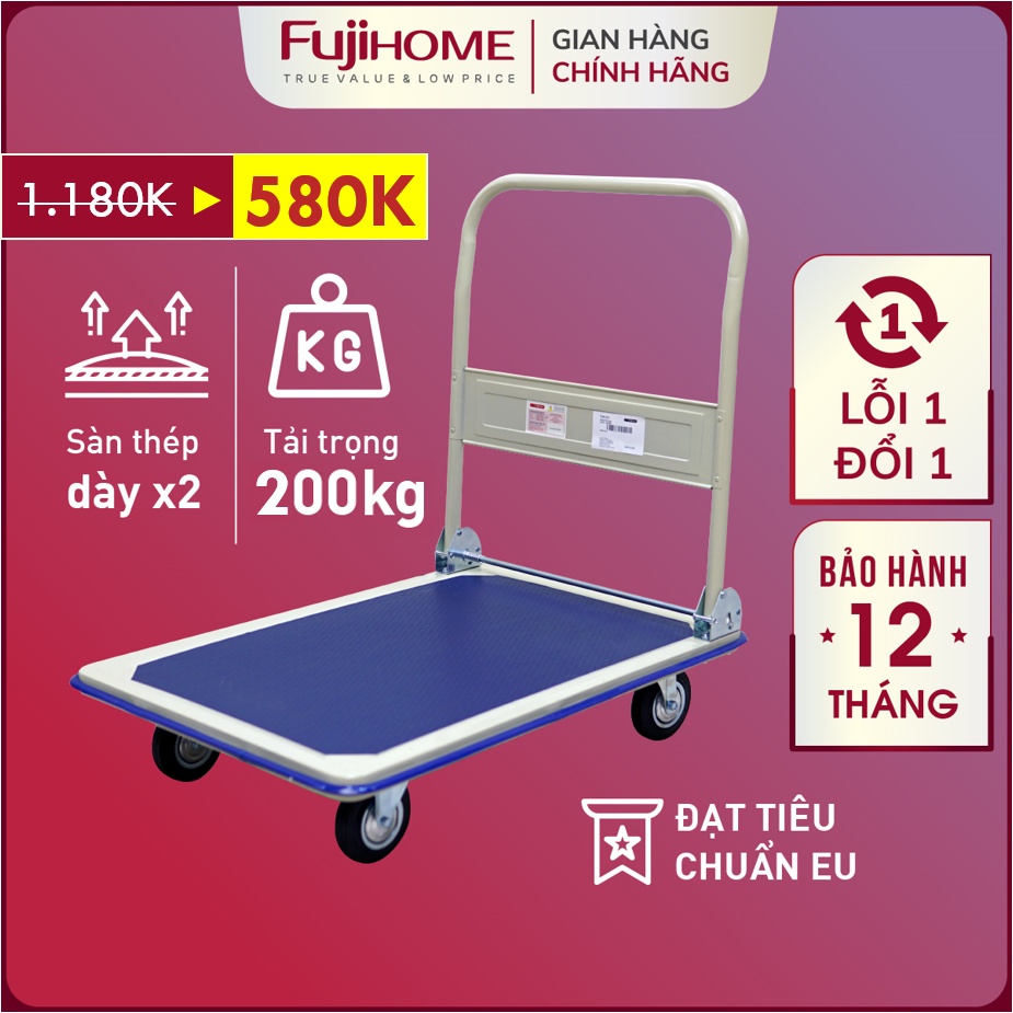 Xe đẩy hàng 4 bánh gấp gọn 200kg Nhập Khẩu Fujihome, bánh cao su không ồn, xe kéo hàng gấp gọn đa năng giá rẻ