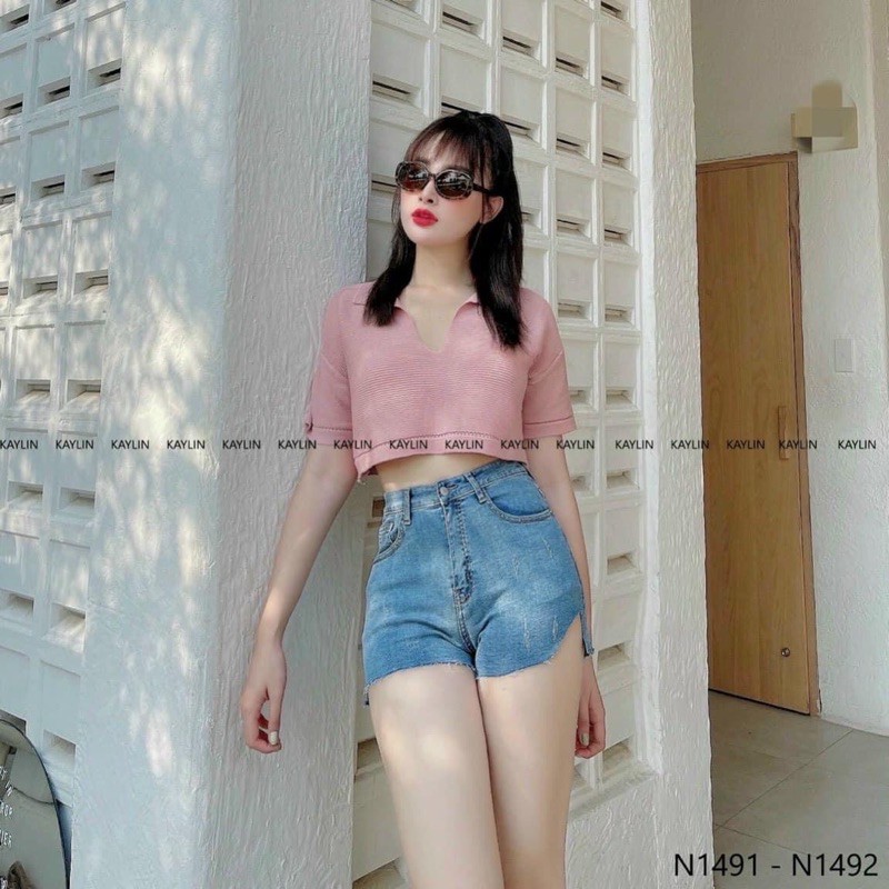 Áo len croptop cộc tay cổ bẻ dáng thụng