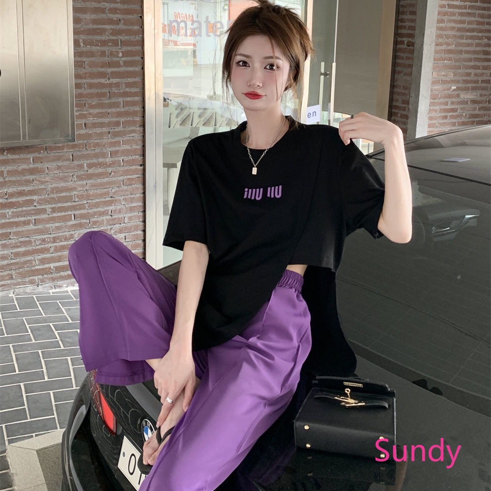 Set Áo Thun Đen Ngắn Tay + Quần Dài Xẻ Tà Thời Trang Nữ