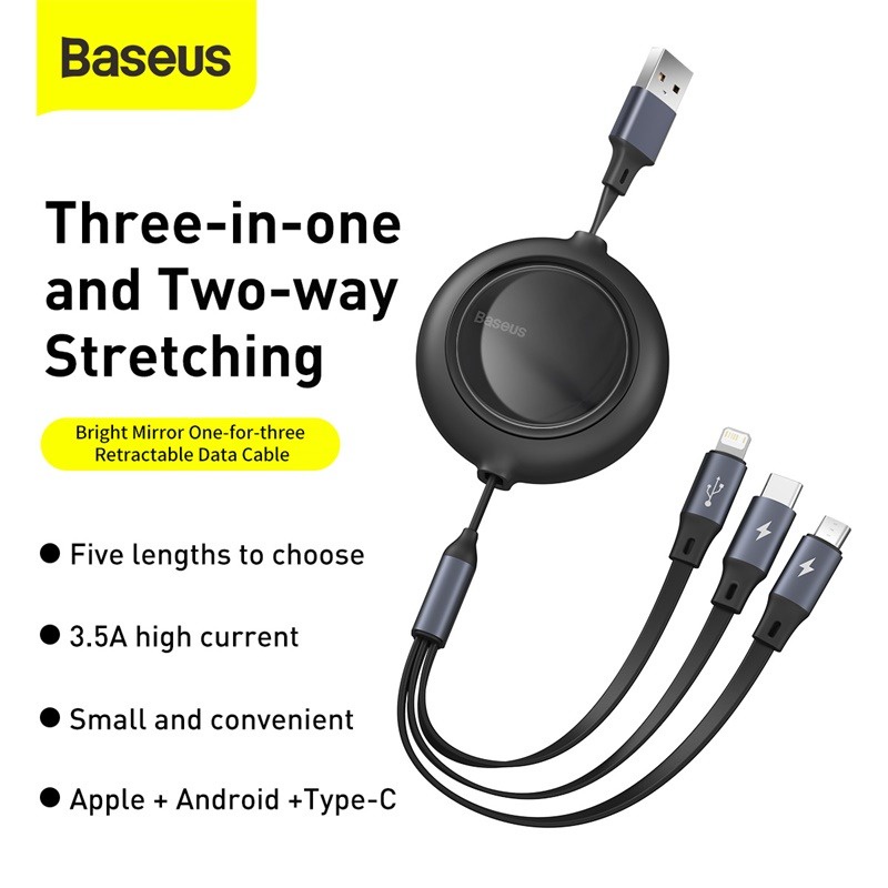 Dây sạc rút 3 đầu Baseus - cáp sạc 3 in 1 ip micro usb type c đa năng dành cho iphone samsung oppo,.vv- hàng chính hãng