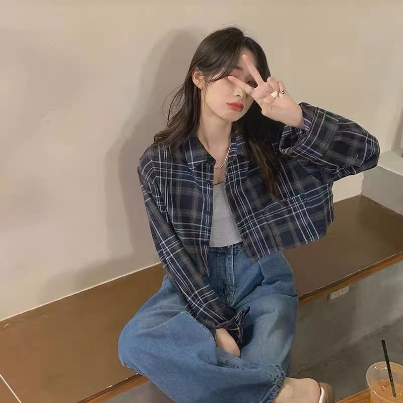 Áo Sơ Mi Tay Dài Dáng Rộng Họa Tiết Caro Phong Cách Hàn Quốc Mới