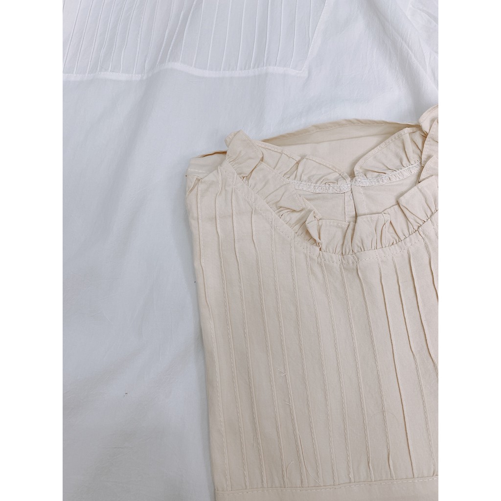 ÁO SƠ MI TRẮNG BABYDOLL CỔ REN TAY LỠ XẾP LY NGỰC