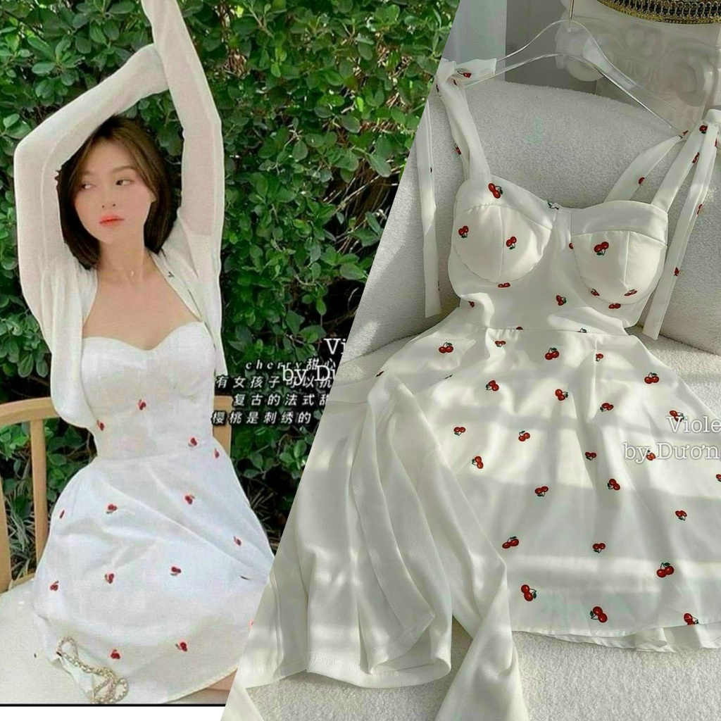 Sét 2 món áo khoác tay dài kèm đầm hai dây cột nơ hoạ tiết cherry (có mút) siêu dễ thương