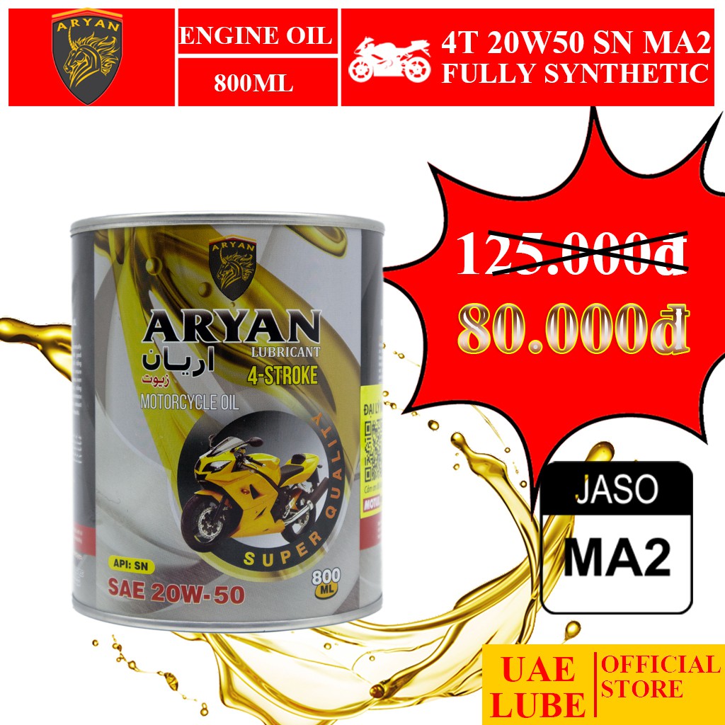 Nhớt Tổng Hợp ARYAN 20w50 800ml SN JASO MA2 - Dùng Cho Xe Mô Tô, Xe Số - ARYAN FULLY SYNTHETIC SAE 20W50 JASO MA2 API SN