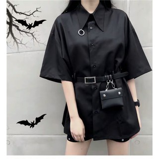 Đầm sơ mi đen thắt lưng kiểu