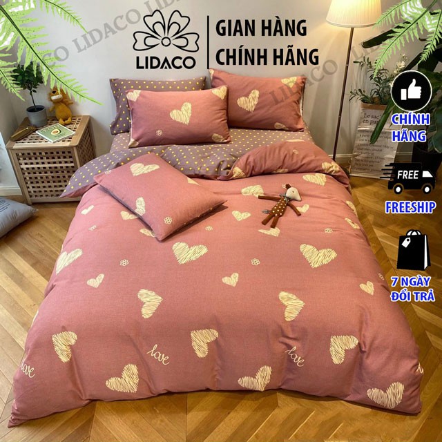 Bộ chăn ga gối cotton poly Lidaco decor phòng ngủ vintage Tim Vàng (SP001313)