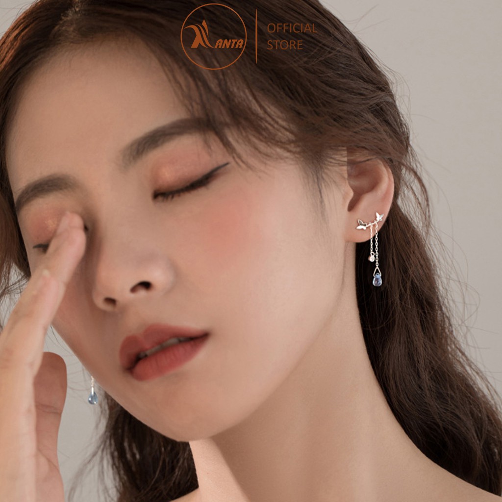 Bông Tai Bạc 925 ATJ7054B Hình Bướm Thả Dài Đính Đá Pha Lê Xanh Phong Cách Hàn Quốc -  ANTA Jewelry