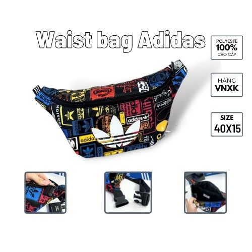 TÚI BAO TỬ ADIDAS WAIST BAG FULL COLOR CHẤT VẢI POLYESTE CAO CẤP, TÚI THỜI TRANG AD1A00 MÀU ĐEN