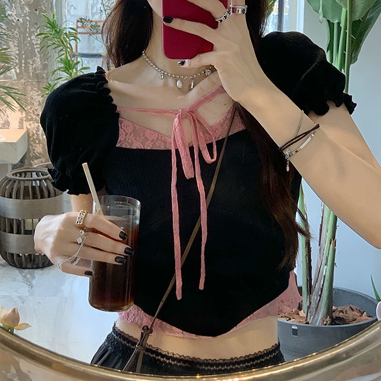 Áo croptop tay phồng ngắn phối ren quyến rũ thời trang mùa hè cho nữ