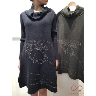 Váy len trung niên cao cổ xanh rêu & đen - Trung niên và cao tuổi, bà nội, bà ngoại và mẹ - V006Fr03