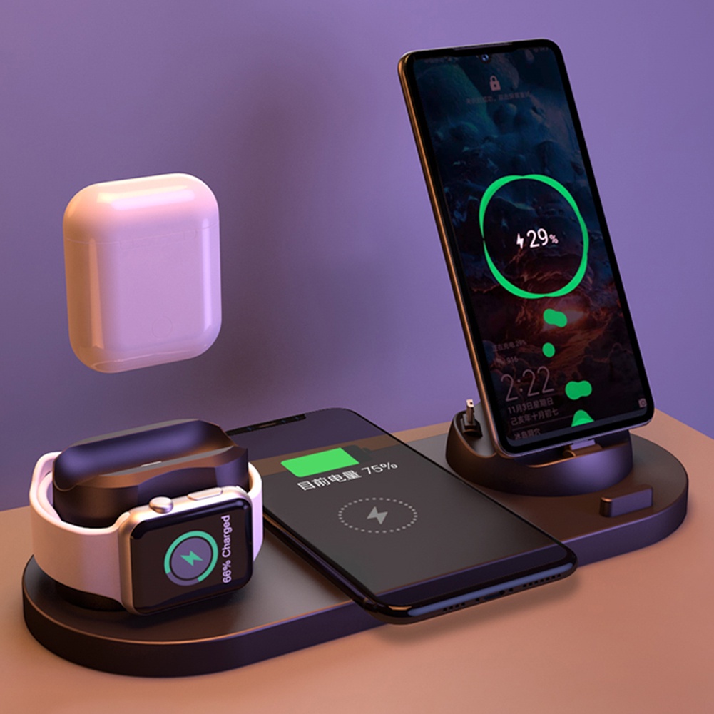Đế Sạc Nhanh Không Dây 10W 6 Trong 1 Cho Apple Watch 7 6 5 4 iPhone 13 12 11 XS MAX XR X 8 Airpods Pro