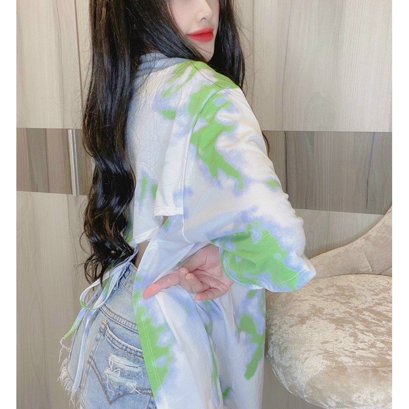 Áo hở lưng 3/4 loang màu from rộng buộc nơ