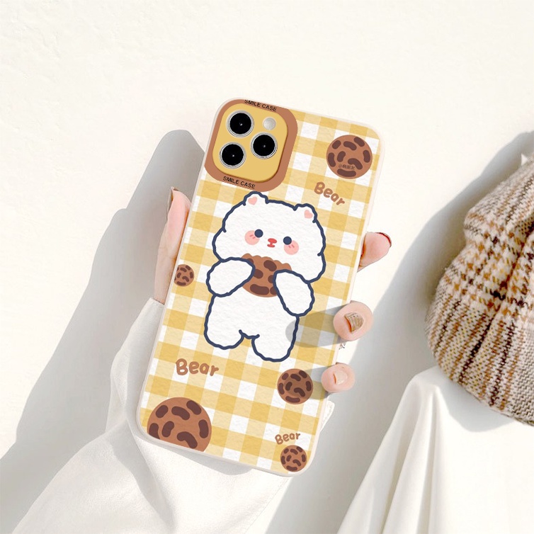 Ốp lưng iphone caro gấu trắng Ốp iphone 12pro gấu ăn bánh vuông cạnh bảo vệ camera FULL MÃ IP6-13PROMAX