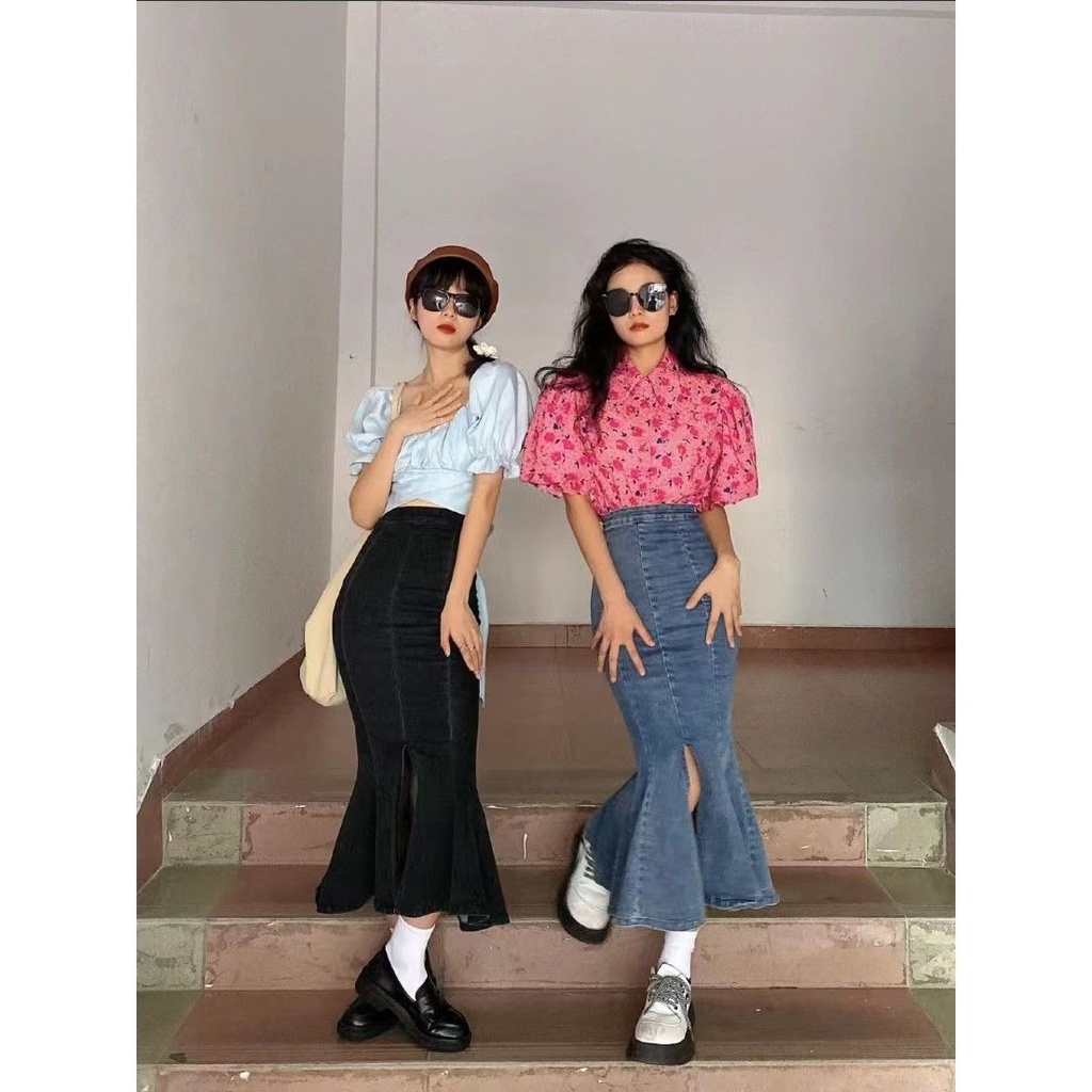 Chân váy bò dài đuôi cá xẻ vạt trước sherry cabinet