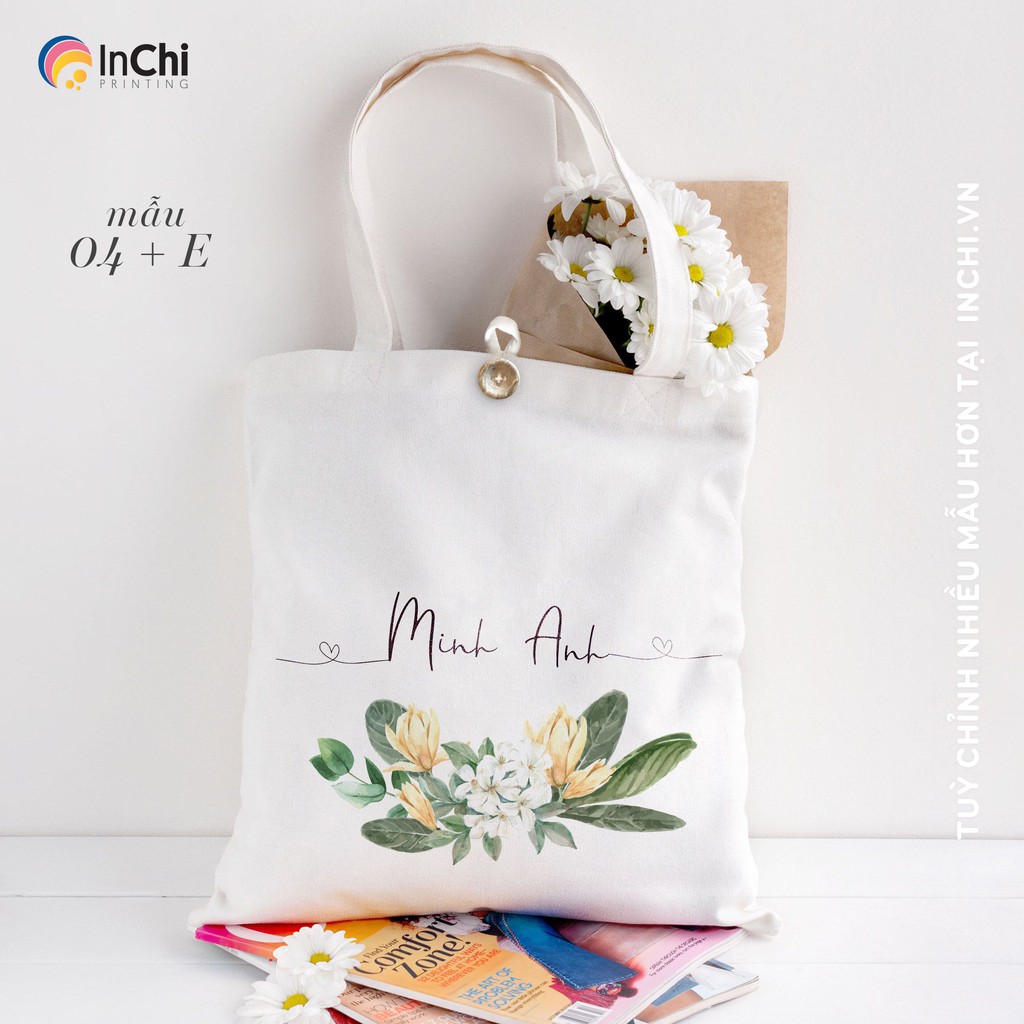 TÚI TOTE IN TÊN VÀ KHUNG HOA QUẢ THEO YÊU CẦU PHONG CÁCH VINTAGE XINH XẮN CÓ KHÓA KÉO TÚI CON VẢI CANVAS CHẤT LƯỢNG