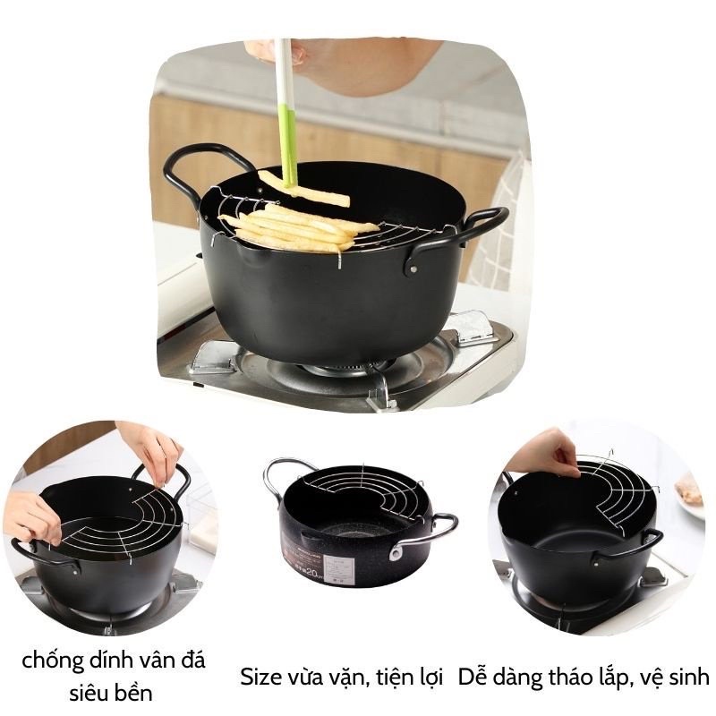 Nồi Chiên Gang Chống Dính Vân Đá Kèm Khay Ráo Dầu Tiện Lợi