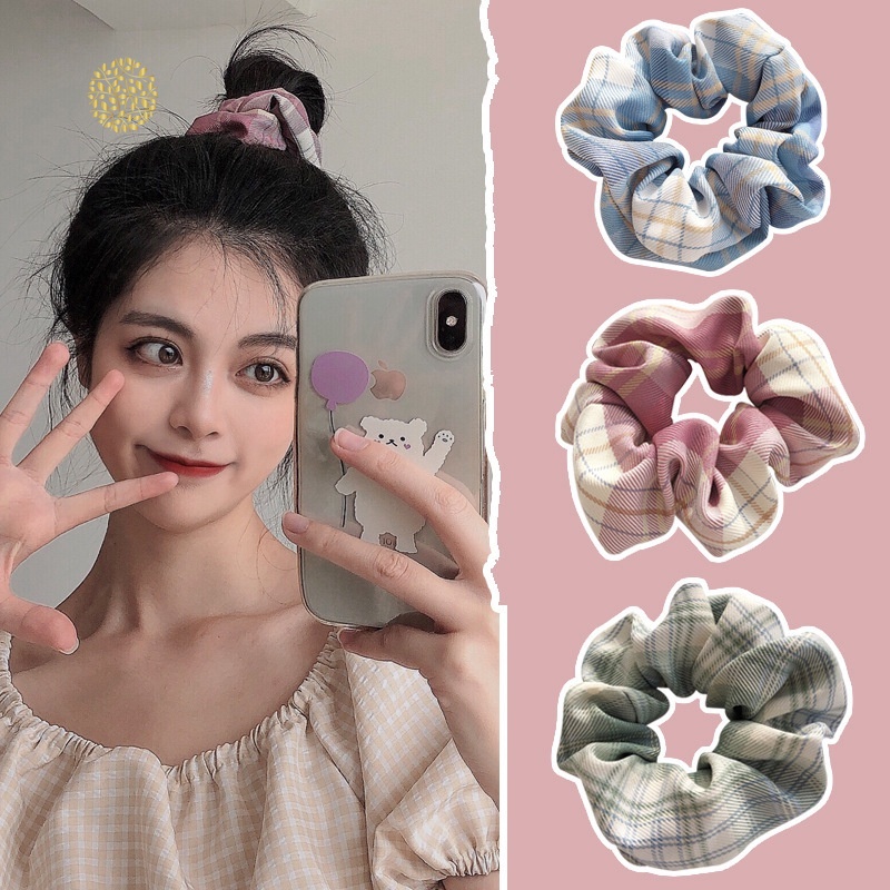 Dây buộc tóc vải kích thước lớn họa tiết sọc ca rô thời trang thanh lịch dành cho nữ