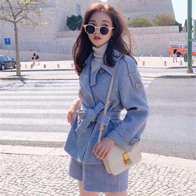 Set áo khoác + quần short vải dạ xanh ulzzang