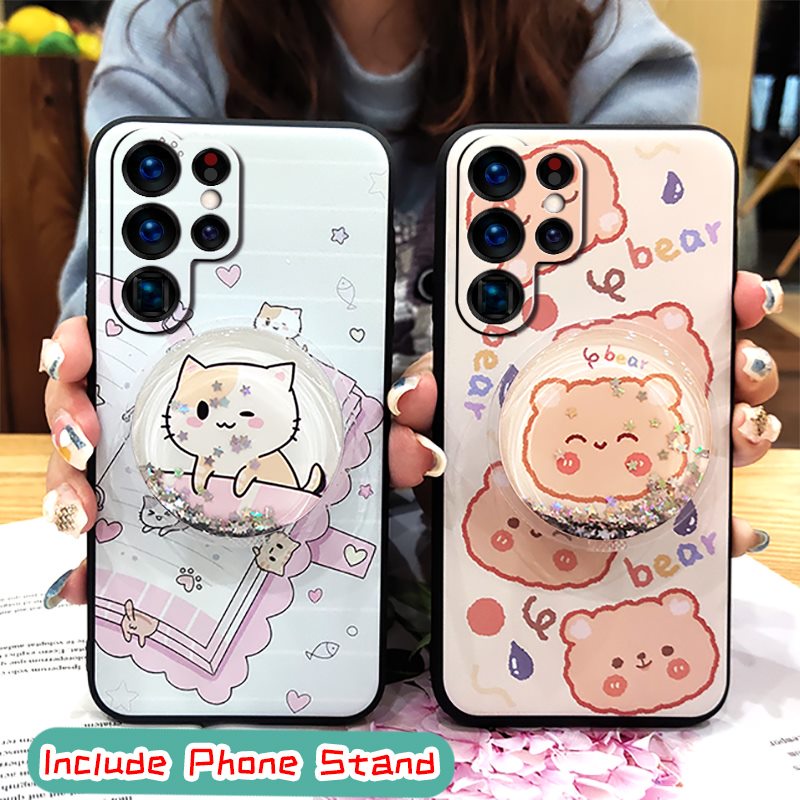 Ốp điện thoại dạng kim tuyến nước gắn giá đỡ họa tiết hoạt hình cho Samsung Galaxy S22 Ultra