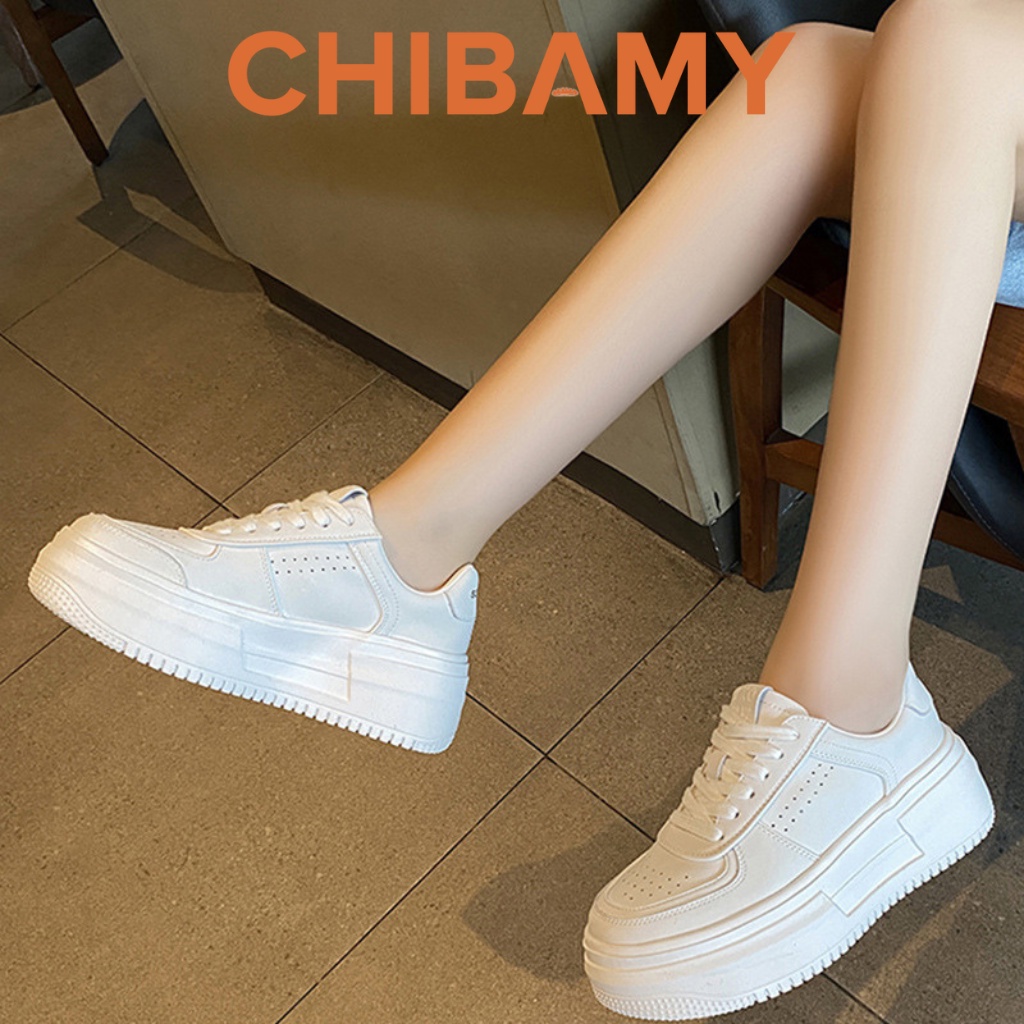 Giày thể thao nữ Trắng NK chất da lì đế cao 5cm, giày Sneaker học sinh CHIBAMY