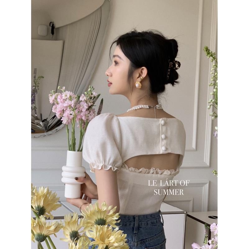 Áo Sơ Mi Tay Phồng Nhỏ Phối Ren Màu Trơn Phong Cách Hepburn Chính Hãng Mùa Hè Cho Nữ