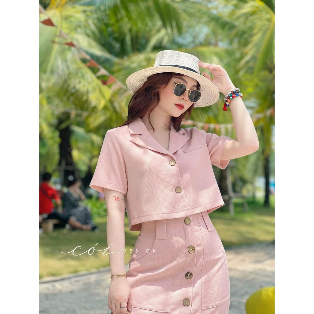 Bộ áo croptop và chân váy TT linen Hàn Cói Design