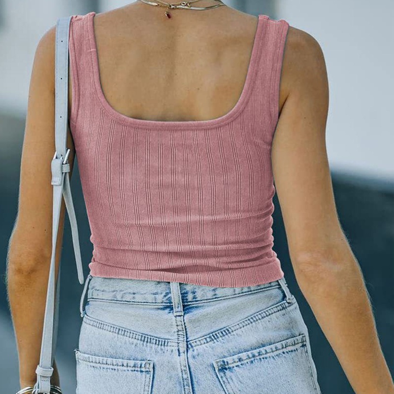 Áo Croptop Dệt Kim Không Tay Cổ Vuông Màu Sắc Đơn Giản Cho Nữ