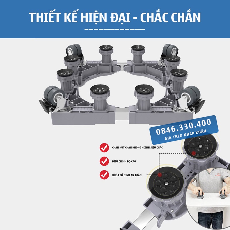 [ Hàng Nhập Khẩu ] Chân đế máy giặt - Kệ Máy Giặt  - Tủ lạnh 8 trụ đứng 4 Bánh xe ErgoTek MG8T4B - Bánh Xe Đôi Cao Cấp
