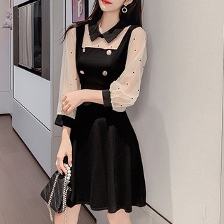 Đầm tiểu thư ulzzang tay lưới cổ sơ mi 6 cúc - u.w