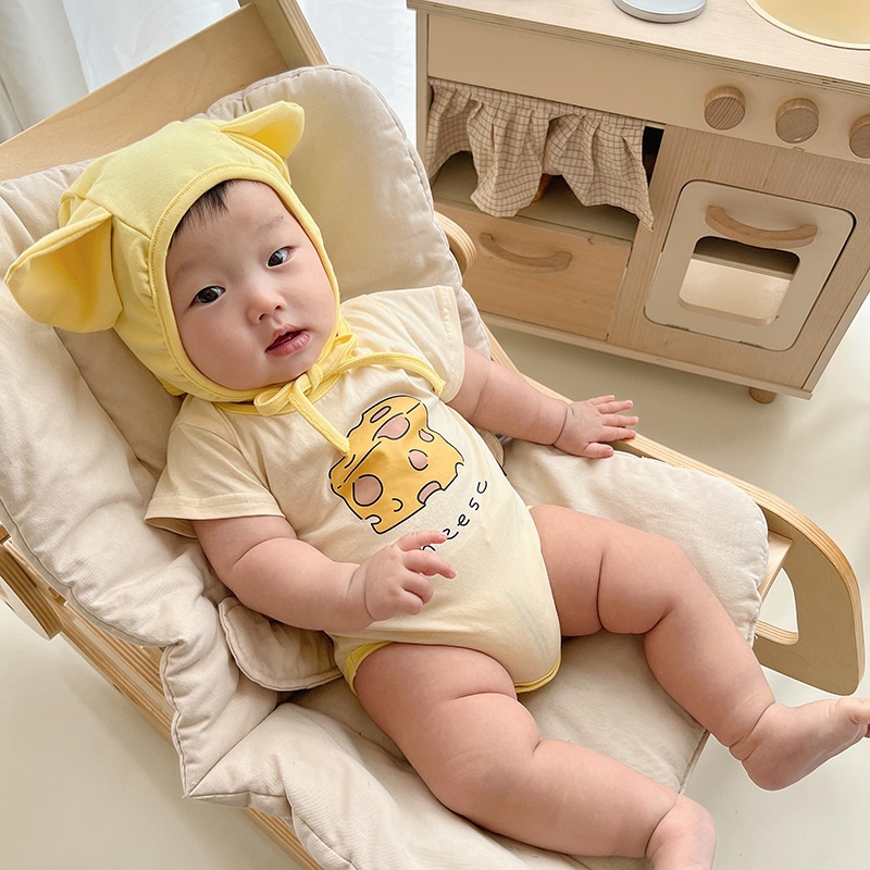 Bộ Áo Liền Quần Tam Giác Tay Ngắn Kèm Mũ Thời Trang Mùa Hè Dễ Thương Cho Bé